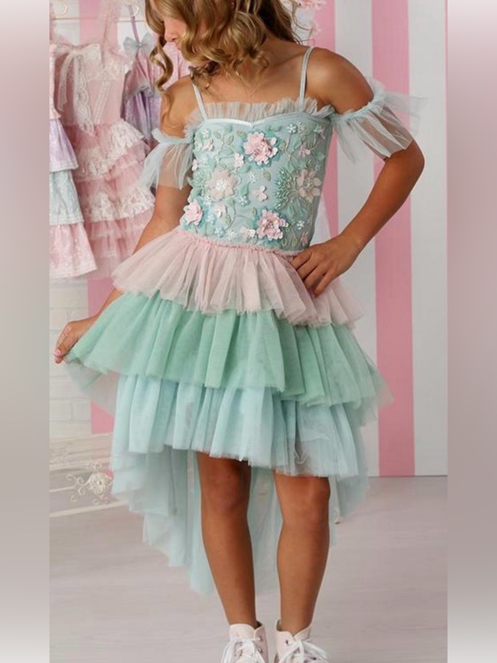 Ooh! La, La! Couture Girl Mint Green Floral Tulle High-Low Party Dress - size 6